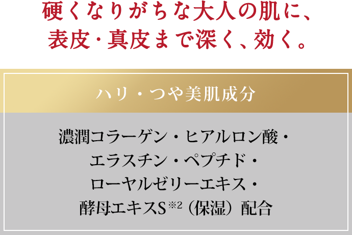硬くなりがちな大人の肌に、表皮・真皮まで深く、効く。ハリ・つや美肌成分 濃潤コラーゲン・ヒアルロン酸・エラスチン・ペプチド・ローヤルゼリーエキス・酵母エキスS※2(保湿)配合