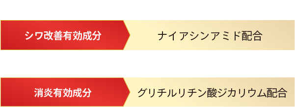 W有効成分配合 シワ改善・美白有効成分：ナイアシンアミド配合 「表皮と真皮へダイレクトに働き、肌の内側に深く効く。」 消炎有効成分：グリチルリチンサンジカリウム「シワやハリ低下の原因にもなる肌あれをケア。」