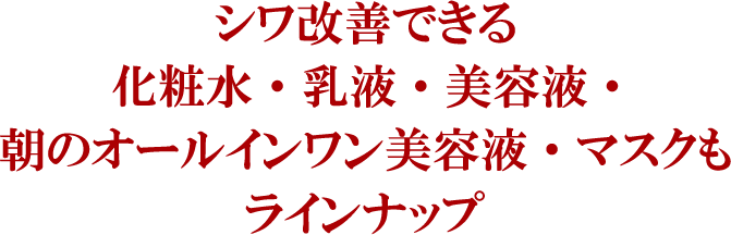 じっくりケアをしたい方には！シワ改善できる 化粧水・乳液・美容液・朝のオールインワン美容液もラインナップ