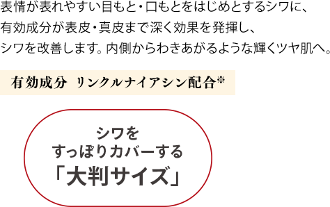 シワをすっぽりカバーする「大判サイズ」表情が表れやすい目もと・口もとをはじめとするシワに、有効成分が表皮・真皮まで深く効果を発揮し、シワを改善します。内側からわきあがるような輝くツヤ肌へ。有効成分 リンクルナイアシン配合※