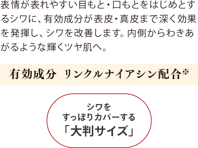 シワをすっぽりカバーする「大判サイズ」表情が表れやすい目もと・口もとをはじめとするシワに、有効成分が表皮・真皮まで深く効果を発揮し、シワを改善します。内側からわきあがるような輝くツヤ肌へ。有効成分 リンクルナイアシン配合